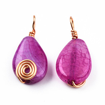 Natural Agate Pendants, with Light Gold Plated Brass Findings, Teardrop Charm, Dyed & Heated, Medium Violet Red, 27~29x12.5~13.5x6~7mm, Hole: 4mm