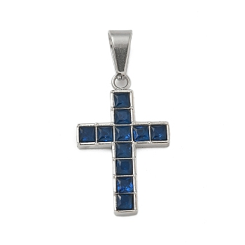 304 Stainless Steel Pendants, Cross Charm, with Glass, Dark Blue, 30x19x3mm, Hole: 8.5x5mm