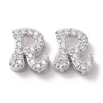 925 Sterling Silver Micro Pave Cubic Zirconia Beads, Real Platinum Plated, Letter R, 9x8x3.5mm, Hole: 2.5x1.5mm