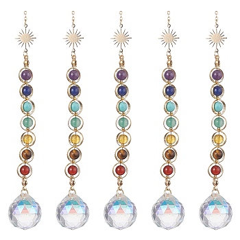 Glass Teardrop Pendant Decorations, Suncatchers Hanging, with 7 Chakra Natural Gemstone Bead and Sun Brass Link, 260mm