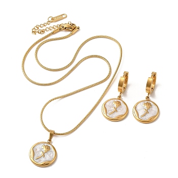 Flower Golden 304 Stainless Steel Jewelry Set with Enamel, Dangle Hoop Earrings and Pendant Necklace, White, Necklaces: 402mm; Earring: 33x16mm