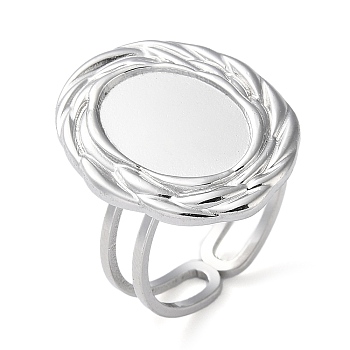 304 Stainless Steel Open Cuff Ring Components, Bezel Cup Ring Settings, Oval, Stainless Steel Color, Inner Diameter: 16.8mm, Tray: 14x10mm