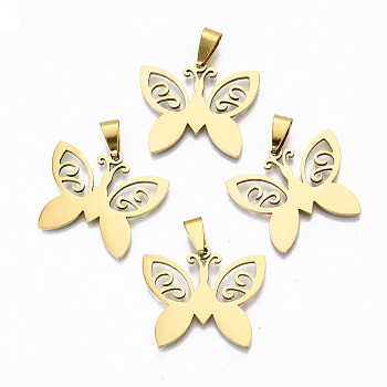 Hollow Out Design Pendants, 201 Stainless Steel Pendants, with Snap on Bails, Laser Cut, Butterfly, Real 18K Gold Plated, 23x29x1.5mm, Hole: 9x4mm