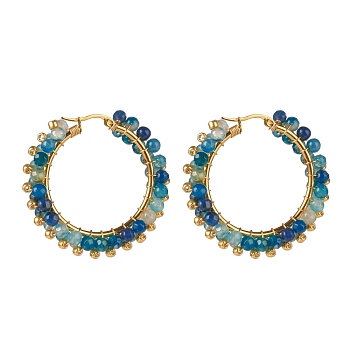 Natural Agate Beaded Hoop Earrings, 304 Stainless Steel Wire Wrap Jewelry for Women, Golden, Teal, 43x43.5x9mm, Pin: 1.1x0.6mm