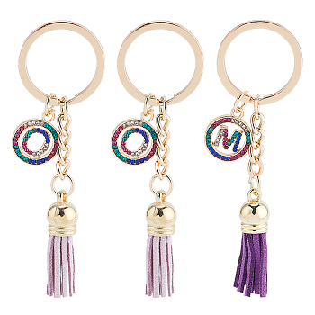 WADORN Alloy Colorful Rhinestone Keychain, with Key Rings and Wool Tassel Pendants, Light Gold, Flat Round with Letter M & Letter O, Mixed Color, 88~9cm, 3pcs/box