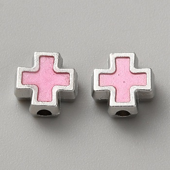 Alloy Enamel Beads, Cross, Platinum, Pink, 8x7.5x3.5mm, Hole: 1.7mm