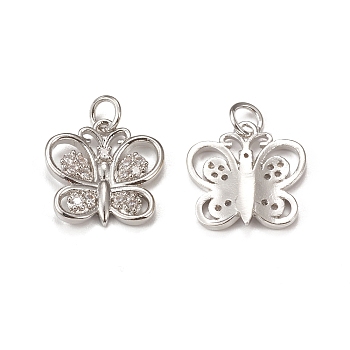 Brass Micro Pave Cubic Zirconia Charms, with Jump Ring, Butterfly Charm, Platinum, 15x15x2mm, Hole: 3mm