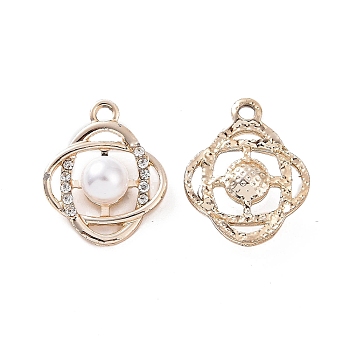 Alloy Rhinestone Pendants, with ABS Plastic Imitation Pearl Beads, Flower Charm, Light Gold, 21.5x17.5x8mm, Hole: 2.5mm