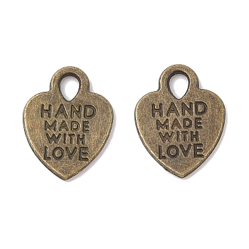 Tibetan Style Alloy Heart Charms, with Phrase Hand Made with Love, For Valentine's Day, Cadmium Free & Nickel Free & Lead Free, Antique Bronze, 15x12x1mm, Hole: 2.5mm