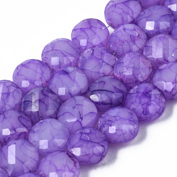 Opaque Baking Painted Crackle Glass Beads Strands, Flat Round, Faceted, Dark Orchid, 8x5mm, Hole: 1.2mm, about 51pcs/strand, 15.47 inch~5.67 inch(39.3cm~39.8cm)