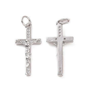 Rack Plating Brass Micro Pave Cubic Zirconia Pendants, with Jump Ring, Long-Lasting Plated,  Cadmium Free & Lead Free, Religion Crucifix Cross Charm, Platinum, 24x11x3mm, Hole: 3mm