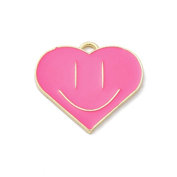 Alloy Enamel Pendants, Golden, Heart with Smiling Face Charms, Hot Pink, 25x26.5x1.5mm, Hole: 2mm