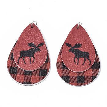 Christmas Theme PU Leather Big Pendants, with Platinum Tone Iron Jump Ring, teardrop, with Christmas Reindeer/Stag, Red, 56.5x37x3mm, Hole: 5mm