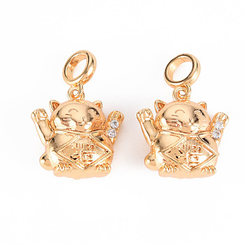 Brass Micro Pave Clear Cubic Zirconia Pendants, Nickel Free, Fortune Cat, Real 18K Gold Plated, 21x14.5x7mm, Hole: 4mm