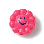 Dopamine Style Opaque Acrylic Beads, Flower with Smiling, Deep Pink, 23.5x24x11.5mm, Hole: 3.5mm(SACR-Z002-01I)