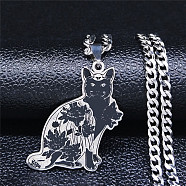304 Stainless Steel Enamel Pendant Necklaces, Cat Shape, Stainless Steel Color, 19.29 inch(49cm)(NJEW-P293-03P)