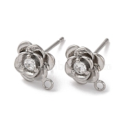 Rose Flower Brass Micro Pave Cubic Zirconia Stud Earring Findings, with Loop, Long-Lasting Plated, Platinum, 12x9mm, Hole: 1.5mm, Pin: 0.7mm(KK-U042-18P)