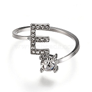 Alloy Cuff Rings, Open Rings, with Crystal Rhinestone, Platinum, Letter.E, US Size 7 1/4(17.5mm)(RJEW-I075-01P-E)