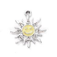 Alloy Enamel Pendants, with Crystal Rhinestone, Smiling Sun Charms, Platinum, Yellow, 22.5x19.5x2.5mm, Hole: 2mm(ENAM-P245-01P-02)