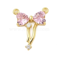 Rack Plating Brass Cubic Zirconia Pendants, Bowknot Charms, Real 18K Gold Plated, Long-Lasting Plated, Lead Free & Cadmium Free, Pink, 20x16.5x4mm, Hole: 1.2mm(KK-Z074-71G-02)