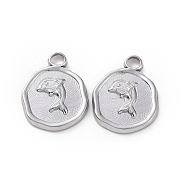 304 Stainless Steel Pendants, Flat Round with Dolphin Charm, Stainless Steel Color, 16x13x2mm, Hole: 2mm(STAS-C003-04P)