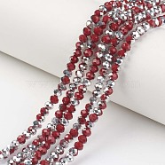 Electroplate Opaque Glass Beads Strands, Half Silver Plated, Faceted, Rondelle, Dark Red, 6x5mm, Hole: 1mm, about 85~88pcs/strand, 16.1~16.5 inch(41~42cm)(EGLA-A034-P6mm-M06)