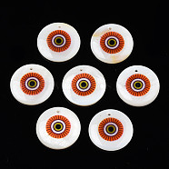 Printed Freshwater Shell Charms, with Enamel, Flat Round, Red, 17.5~18.5x2.5~3.5mm, Hole: 1.2mm(SHEL-T009-20E)