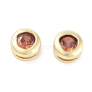 Brass with Single Cubic Zirconia Slide Charms, Flat Round, Real 18K Gold Plated, Chocolate, 5.5x3.5mm, Hole: 3x0.6mm(KK-C051-27G-03)