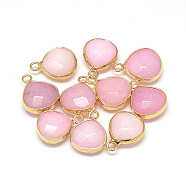 Natural White Jade Pendants, with Nickel Free Brass Findings, Faceted, Dyed, teardrop, Golden, Pink, 17.5x13.5x6.5mm, Hole: 2mm(G-Q963-07)