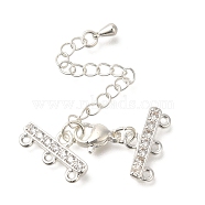 Rack Plating Brass Lobster Claw Clasps, with End Chains and Clear Cubic Zirconia Links, Long-Lasting Plated, Lead Free & Cadmium Free, Rectangle, 3-Strand, 6-Hole, Silver, 23mm, Hole: 1.2mm(KK-F883-18S)