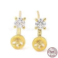 925 Sterling Silver with Cubic Zirconia Stud Earring Findings, with S925 Stamp, for Half Drilled Pearl Beads, Flat Round, Real 18K Gold Plated, 9.5x3.5~4mm, Pin: 0.7mm(STER-G036-07G)