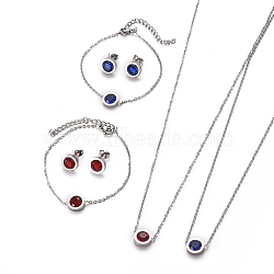 304 Stainless Steel Jewelry Sets, with Rhinestone, Cable Chains Necklaces, Bracelets and Stud Earrings, with Ear Nuts/Earring Back, Flat Round, Stainless Steel Color, Mixed Color, 17.9 inches(45.5cm), 6-3/4 inches(17cm), 16x9.5x4mm, Pin: 0.7mm(SJEW-F213-11-P)