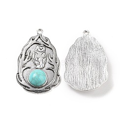 Alloy Owl Pendants, Oval Charms, with Synthetic Turquoise, Antique Silver, 48x30x7mm, Hole: 2mm(FIND-TAC0023-01AS)