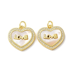 Valentine"s Day Brass Micro Pave Clear Cubic Zirconia Pendants, with Shell, Heart, Real 18K Gold Plated, 18x18.5x3mm, Hole: 3.5mm(KK-B083-41D-G)