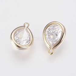 Brass Micro Pave Clear Cubic Zirconia Charms, Long-Lasting Plated, Drop, Nickel Free, Real 18K Gold Plated, 11x8x3.5mm, Hole: 0.7~1.2mm(ZIRC-F081-10G)