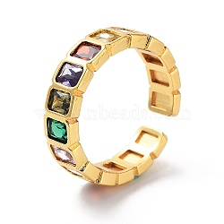 Rectangle Brass Micro Pave Cubic Zirconia Open Cuff Ring for Women, Golden, Colorful, 5mm, Adjustable(RJEW-Z044-04G-01)