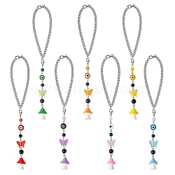7Pcs Chakra Theme Evil Eye Butterfly Mushroom Pendant Decoration, Car Rear View Mirror Hanging Ornament, with Natural Malaysia Jade Bead & Lobster Claw Clasp, Mixed Color, 210mm(HJEW-SW00009)