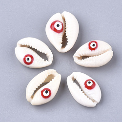 Natural Cowrie Shell Beads, with Enamel, No Hole/Undrilled, Evil Eye, Red, 19~22x14~16x6~8mm(X-SHEL-S274-41)