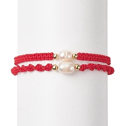 2Pcs 2 Style Natural Pearl Braided Bead Bracelets Set with Nylon Cord for Women, Red, 2 inch(5cm)~2-1/4 inch(5.6cm), 1Pc/style(BJEW-JB09141-01)