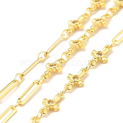Rack Plating Brass Cross & Oval Link Chains, with Clear Cubic Zirconia, Long-Lasting Plated, Soldered, with Spool, Cadmium Free & Lead Free, Golden, 10x5x1.5mm, 10x2x0.5mm(CHC-C025-12G)