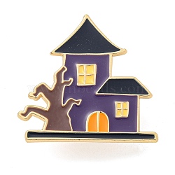 Halloween Theme Golden Alloy Brooches, Enamel Pins, House, 27.5x29x1.5mm(JEWB-Z023-01C)