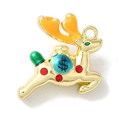 Christmas Deer with Money Bag Rack Plating Alloy Enamel Pendants, Cadmium Free & Nickel Free & Lead Free, Golden, 17x18x8mm, Hole: 1.6mm(FIND-I039-024A-G)