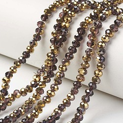 Electroplate Transparent Glass Beads Strands, Half Golden Plated, Faceted, Rondelle, Coconut Brown, 3.5x3mm, Hole: 0.4mm, about 123~127pcs/strand, 13.7~14.1 inch(35~36cm)(EGLA-A034-T3mm-O11)