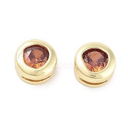 Brass with Single Cubic Zirconia Slide Charms, Flat Round, Real 18K Gold Plated, Chocolate, 5.5x3.5mm, Hole: 3x0.6mm(KK-C051-27G-03)