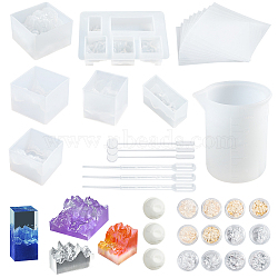 Olycraft DIY Resin Casting Molds Kits, with Mountain Style Silicone Molds. Silicone Measurring Cup, Plastic Stirring Rod & 2ml Dropper, Disposable Latex Finger Cots and Nail Art Stickers Decals, White, about 48pcs/set(DIY-OC0001-60)