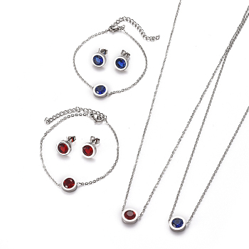 304 Stainless Steel Jewelry Sets, with Rhinestone, Cable Chains Necklaces, Bracelets and Stud Earrings, with Ear Nuts/Earring Back, Flat Round, Stainless Steel Color, Mixed Color, 17.9 inch(45.5cm), 6-3/4 inch(17cm), 16x9.5x4mm, Pin: 0.7mm