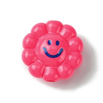 Dopamine Style Opaque Acrylic Beads, Flower with Smiling, Deep Pink, 23.5x24x11.5mm, Hole: 3.5mm