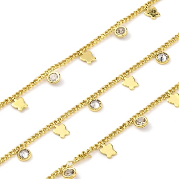 Handmade Brass Curb Chains, with Clear Cubic Zirconia, Spool, Long-Lasting Plated, Soldered, Lead Free & Cadmium Free, Butterfly, Real 18K Gold Plated, Links: 2x2x1mm, Charm: 7.5x4.5x0.6mm and 6.5x4.5x2mm