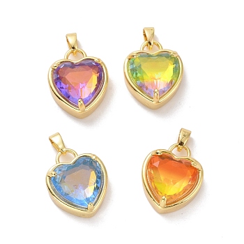 Glass Pendants, with Golden Plated Brass Findings, Cadmium Free & Lead Free, Heart, Mixed Color, 18x14.5x8mm, Hole: 4x6mm