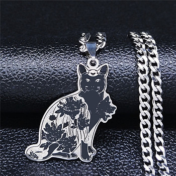 304 Stainless Steel Enamel Pendant Necklaces, Cat Shape, Stainless Steel Color, 19.29 inch(49cm)